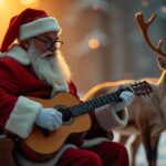 Santa playing acoustic guitar to his reindeer