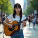 young woman playing guitar in the street