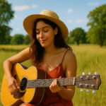 young woman playing guitar in a field