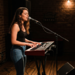 woman playing live singing and playing keyboards in a small venue
